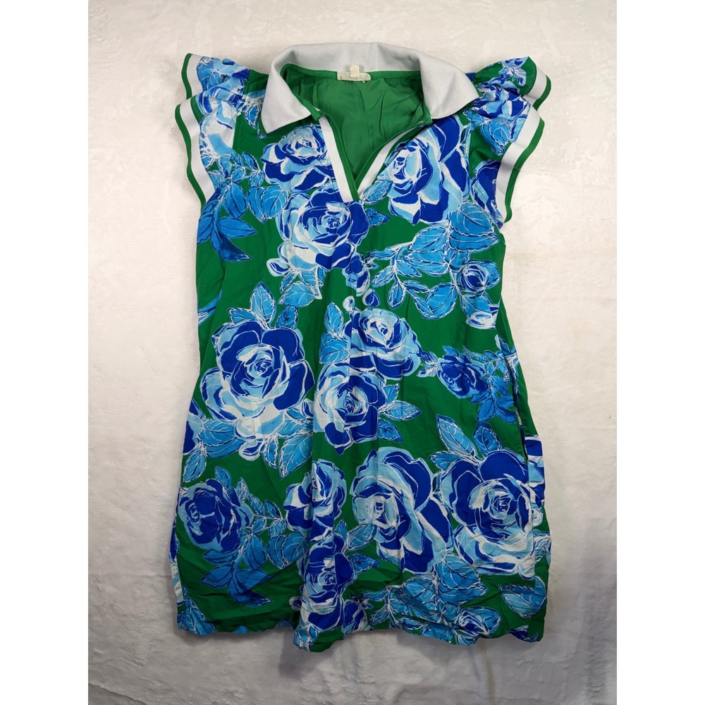 Entro Polo Dress M Green Blue Floral Flutter Sleeve V-Neck Cotton Women